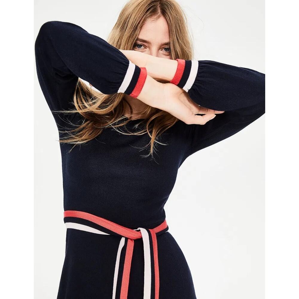 Boden Navy Knit Midi Dress with Red and White Stripe Belt - Picture 3 of 10